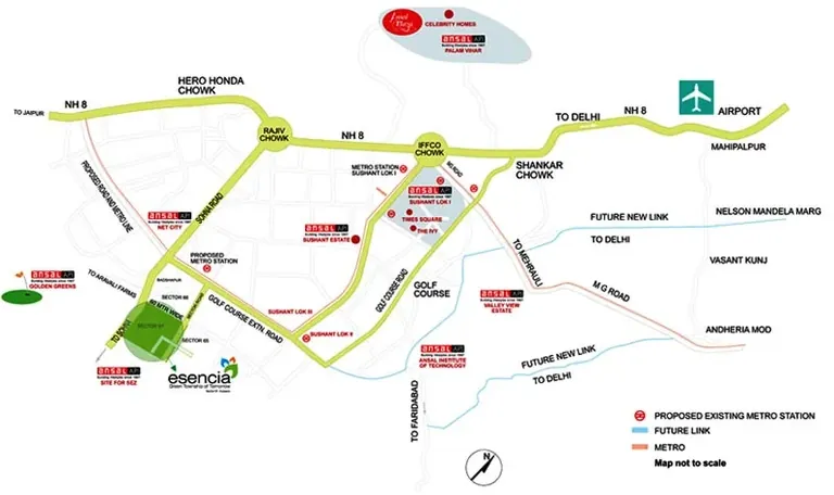 Ansal API Esencia location map showing Sector 67 and the main roads and metro links nearby