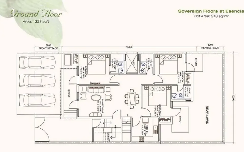 Ansal API Esencia 3 BHK builder floor floor plan, 1,323 sq ft super area