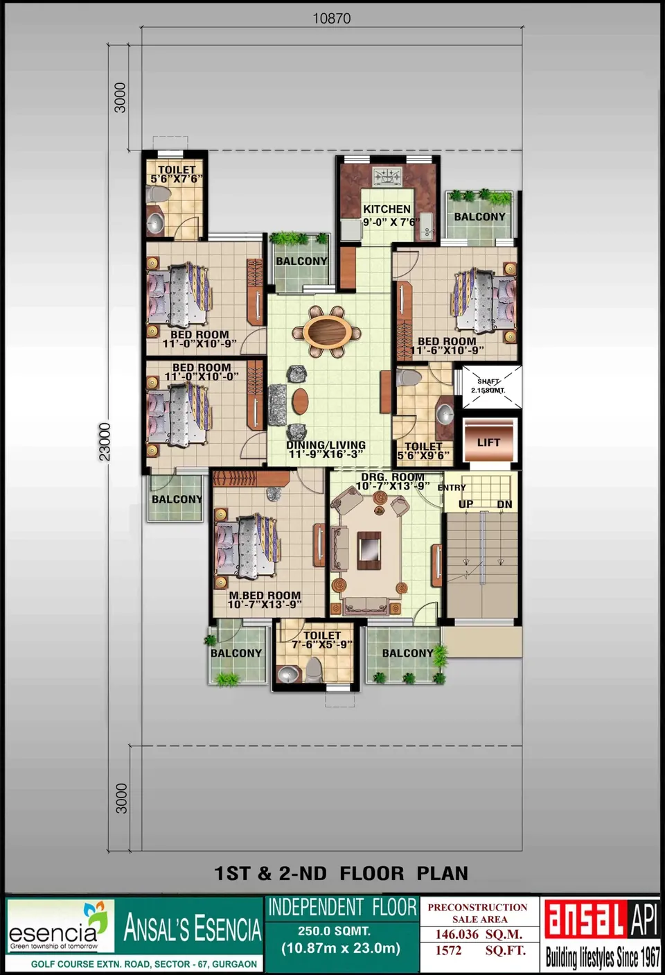 Ansal API Esencia 4 BHK floor plan, 1,572 sq ft, pre-construction sale area