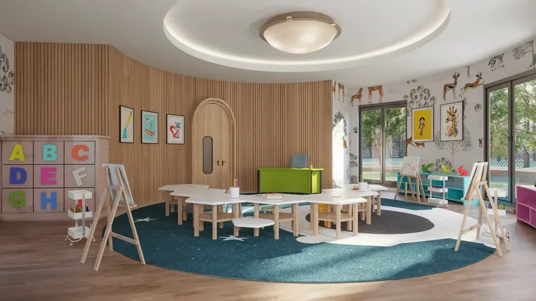 Ashiana Aaroham art and craft room with low tables for children, artist's impression