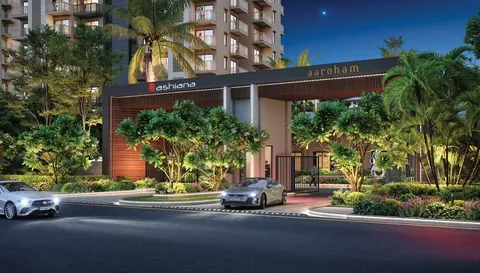 Ashiana Aaroham entrance gate with the Ashiana and Aaroham names on the approach road, artist's impression