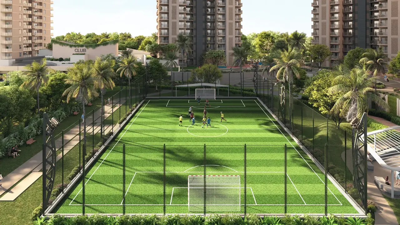Ashiana Aaroham fenced football field between the towers, artist's impression