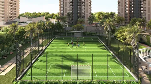 Ashiana Aaroham fenced football field between the towers, artist's impression