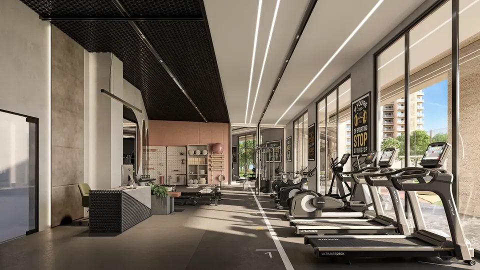 Ashiana Aaroham indoor gym with treadmills along a glass wall, artist's impression