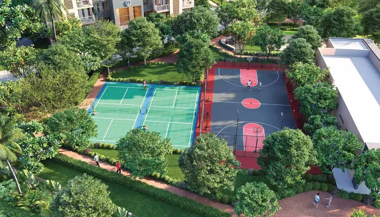 Ashiana Aaroham pickleball and basketball courts among trees, artist's impression