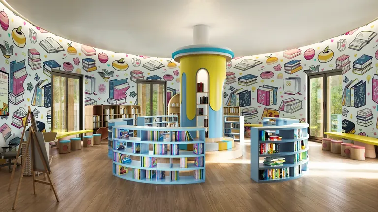 Ashiana Aaroham reading hub in the learning hub with curved bookshelves, artist's impression