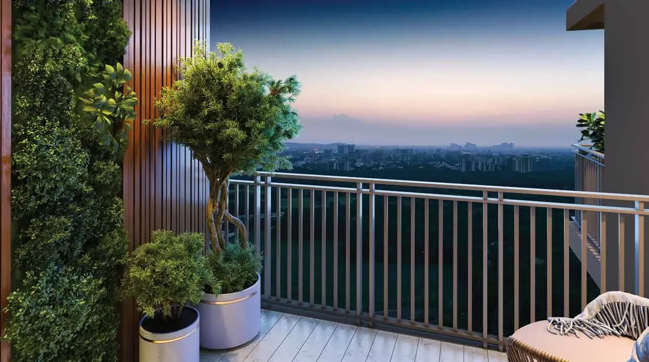 Ashiana Aaroham sample balcony with planters and an open view, artist's impression