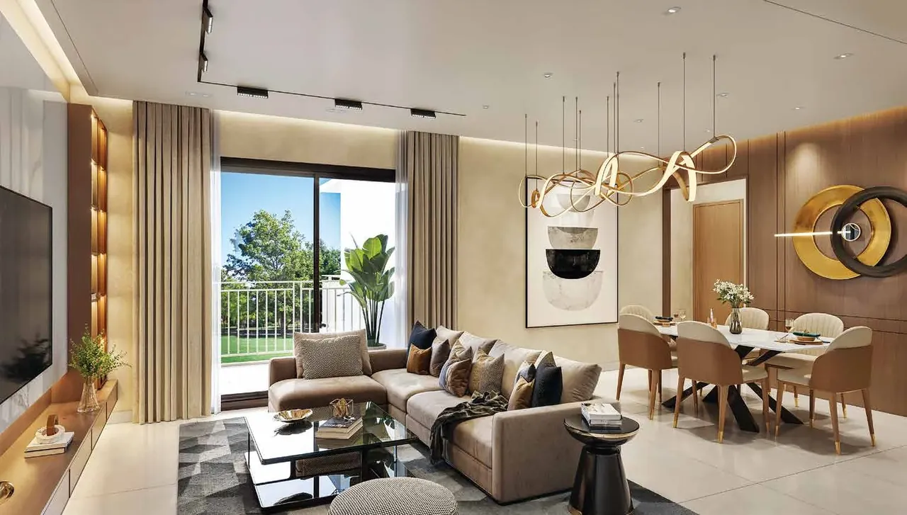 Ashiana Aaroham sample living and dining room opening to a balcony, artist's impression