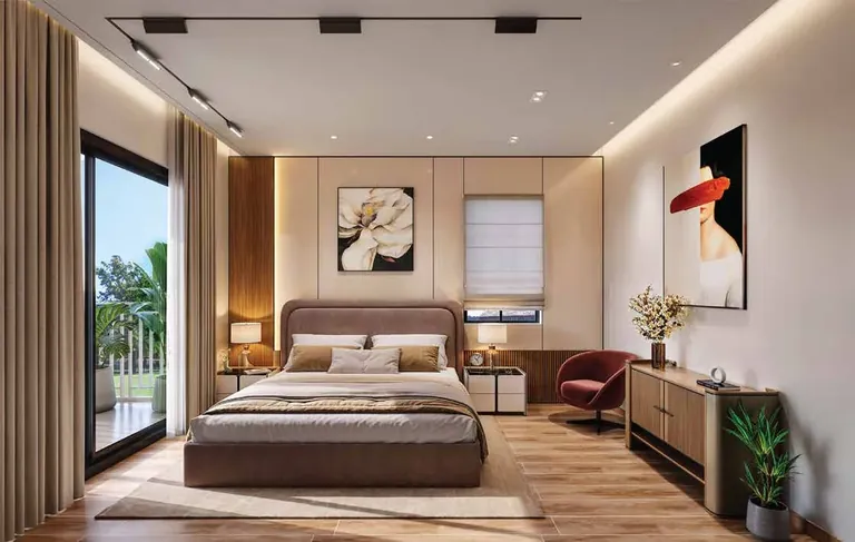Ashiana Aaroham sample master bedroom with a full-height window, artist's impression