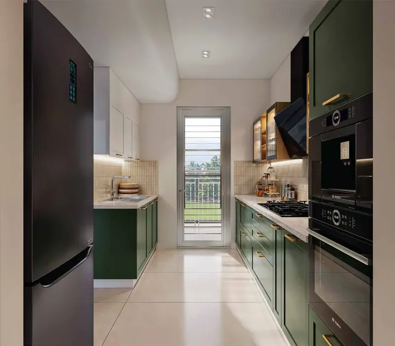 Ashiana Aaroham sample modular kitchen with built-in oven and chimney, artist's impression