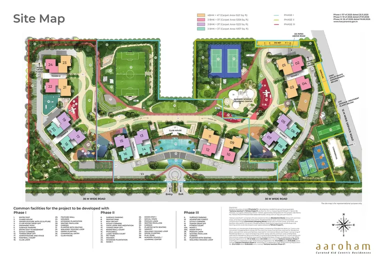 Ashiana Aaroham site plan: six towers in three phases around the clubhouse, learning hub and sports field