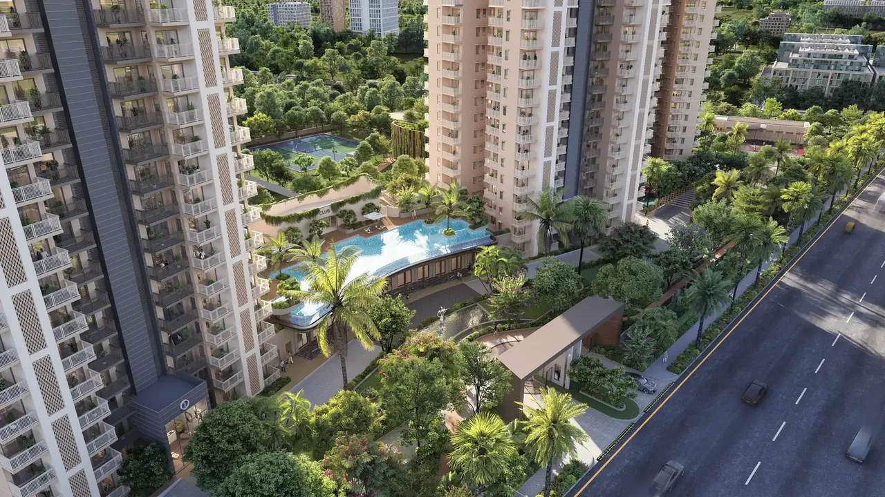 Ashiana Aaroham tower beside the landscaped pool deck and the road outside, artist's impression