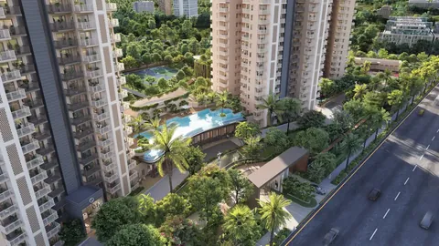 Ashiana Aaroham tower beside the landscaped pool deck and the road outside, artist's impression