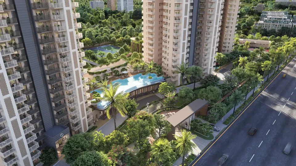 Ashiana Aaroham tower beside the landscaped pool deck and the road outside, artist's impression