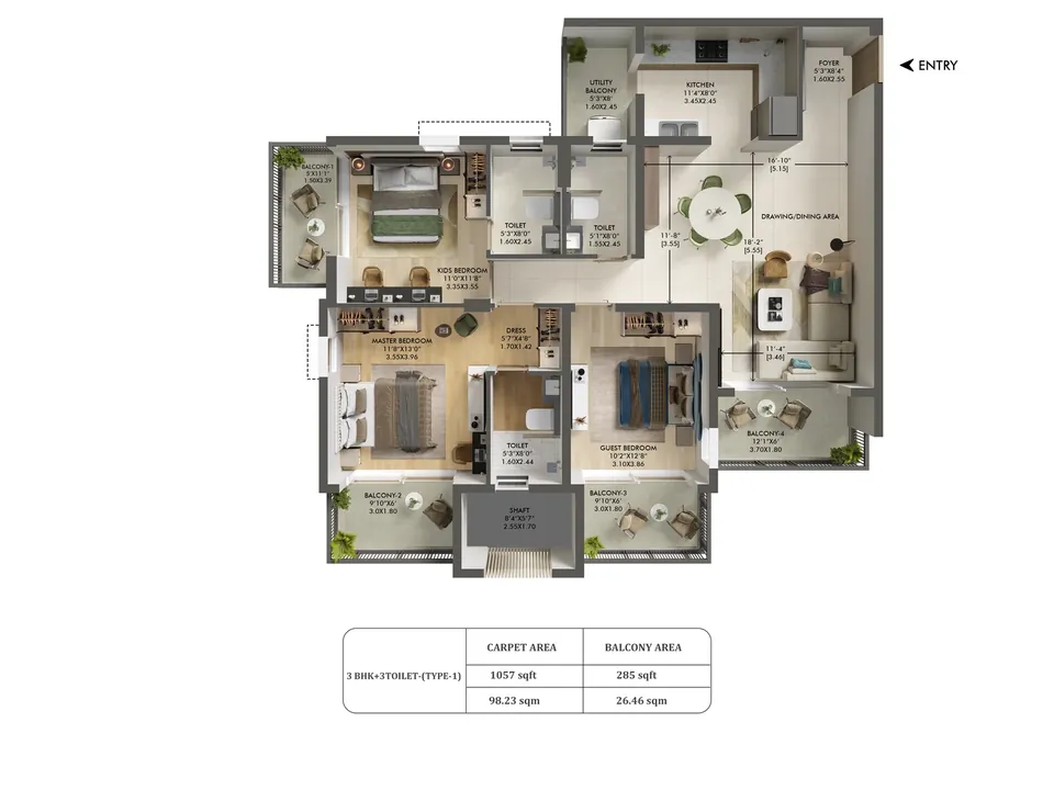 Ashiana Aaroham 3 BHK + 3 toilet floor plan, 1,057 sq ft RERA carpet area, 285 sq ft balcony