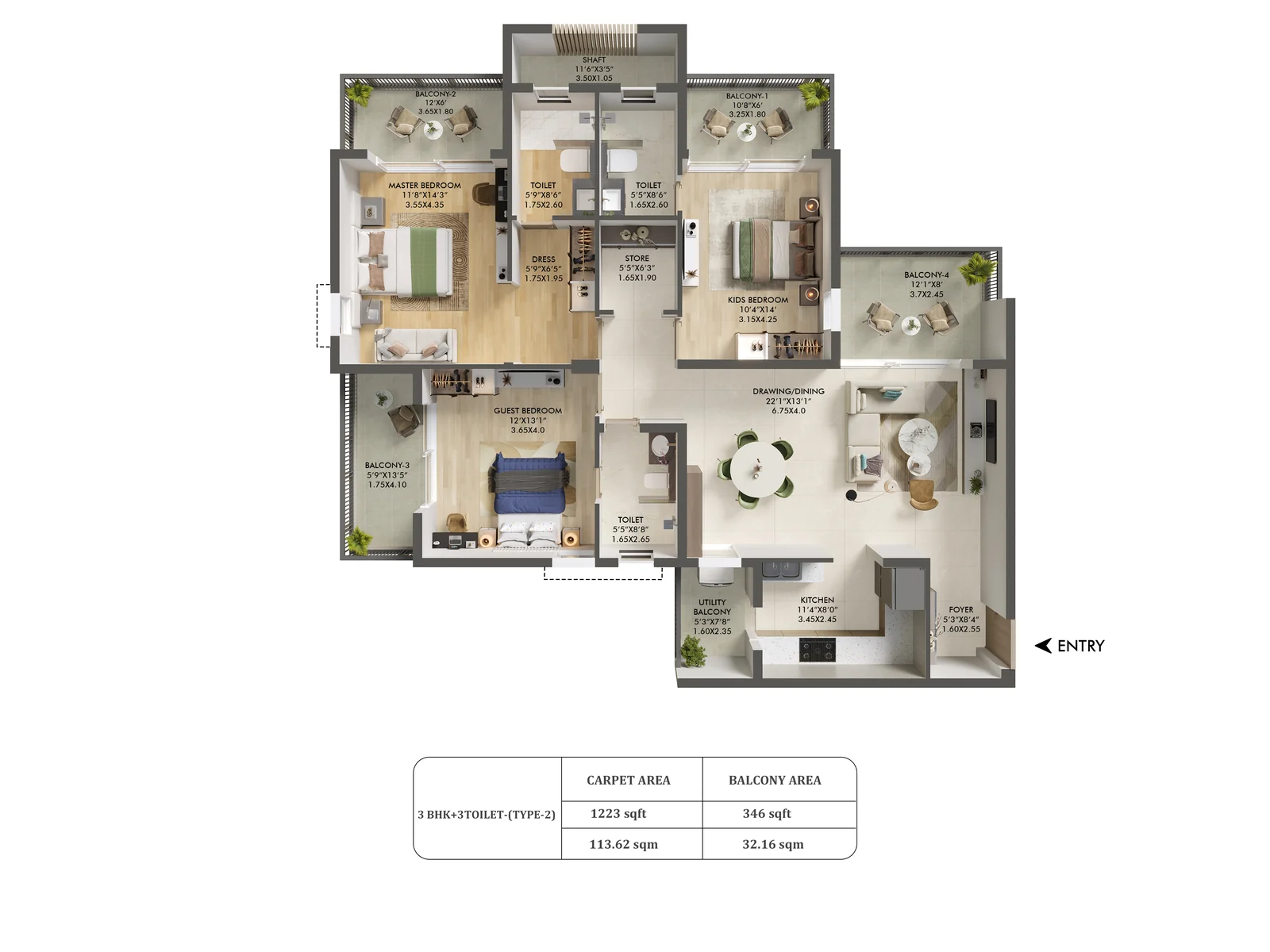 Ashiana Aaroham 3 BHK + 3 toilet large floor plan, 1,223 sq ft RERA carpet area, 346 sq ft balcony
