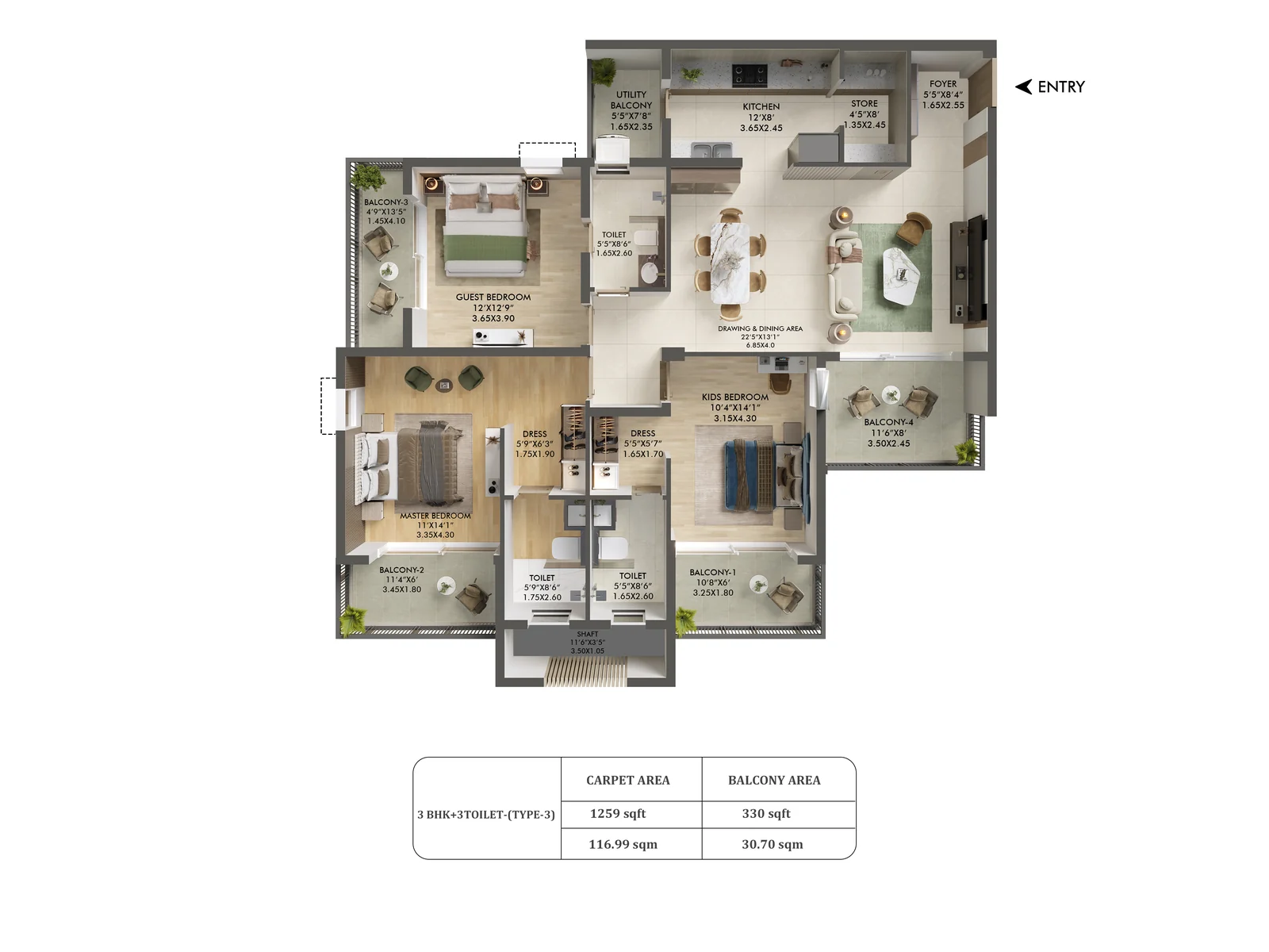Ashiana Aaroham 3 BHK + 3 toilet large floor plan, 1,259 sq ft RERA carpet area, 330 sq ft balcony