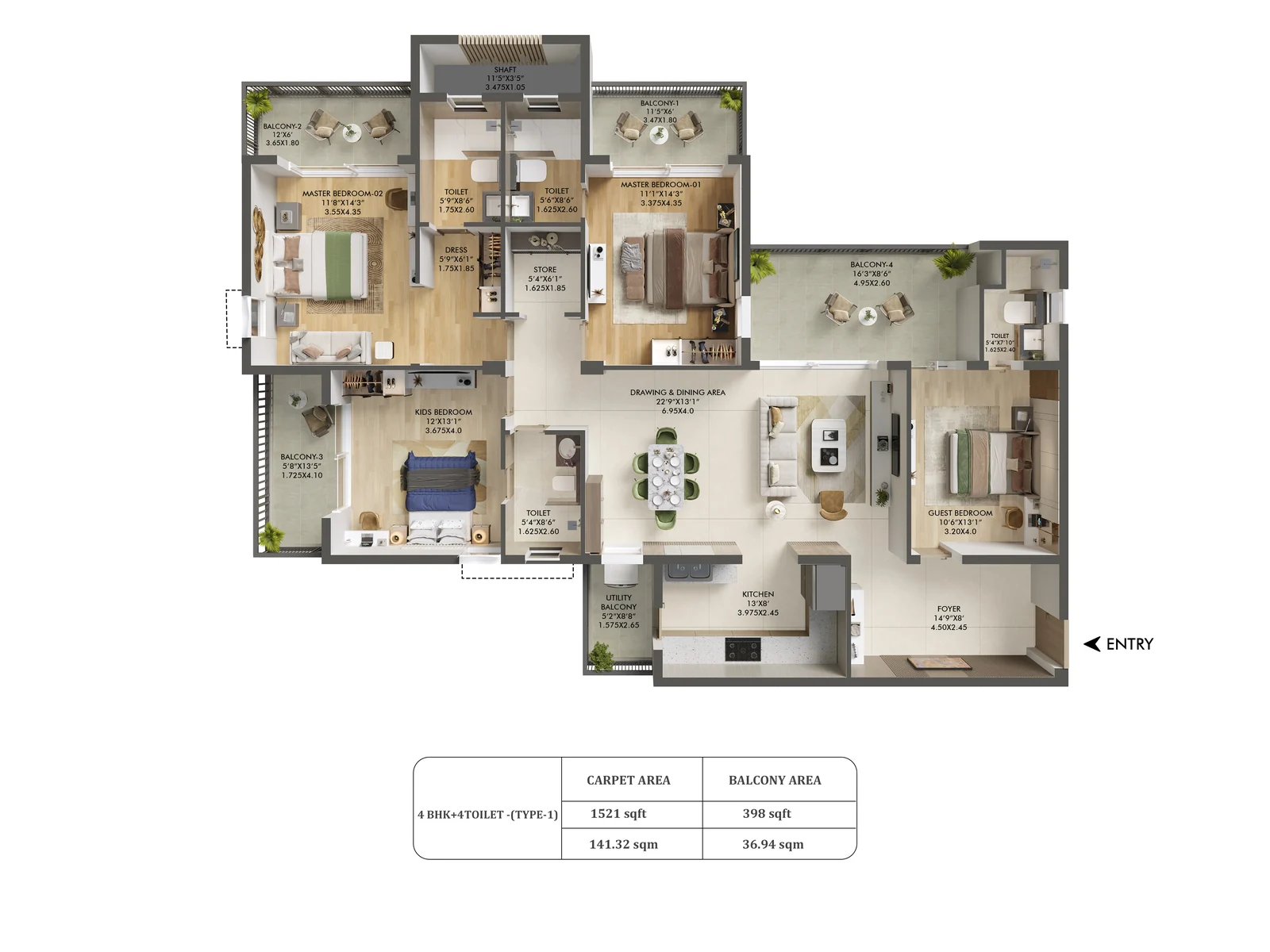 Ashiana Aaroham 4 BHK + 4 toilet floor plan, 1,521 sq ft RERA carpet area, 398 sq ft balcony