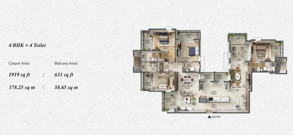 Ashiana Aaroham 4 BHK + 4 toilet floor plan on the 20th floor, 1,919 sq ft RERA carpet area, 631 sq ft balcony