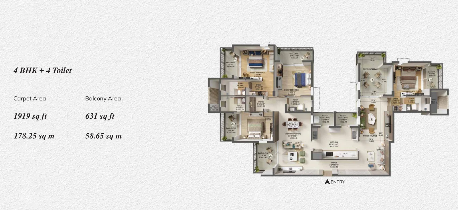 Ashiana Aaroham 4 BHK + 4 toilet floor plan on the 20th floor, 1,919 sq ft RERA carpet area, 631 sq ft balcony