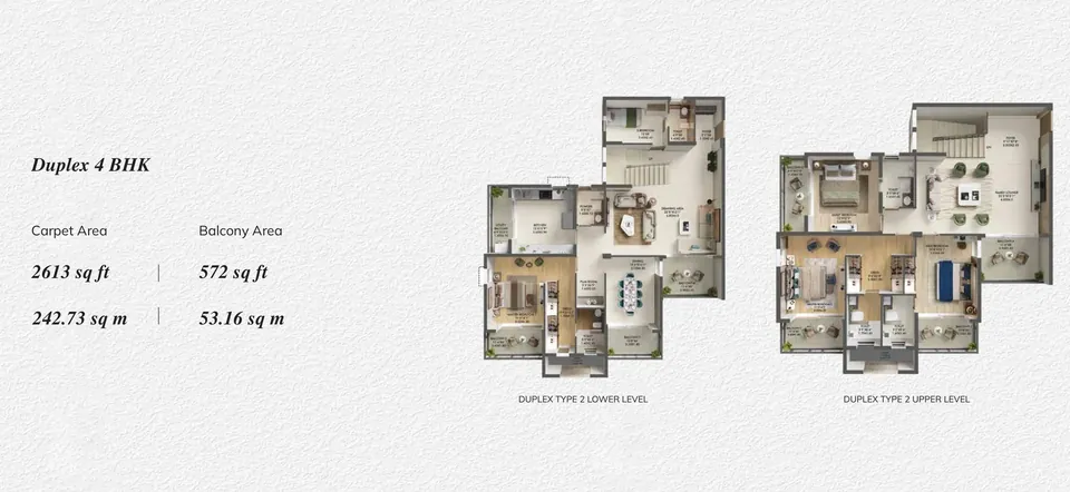 Ashiana Aaroham 4 BHK duplex floor plan, lower and upper levels, 2,613 sq ft RERA carpet area, 572 sq ft balcony