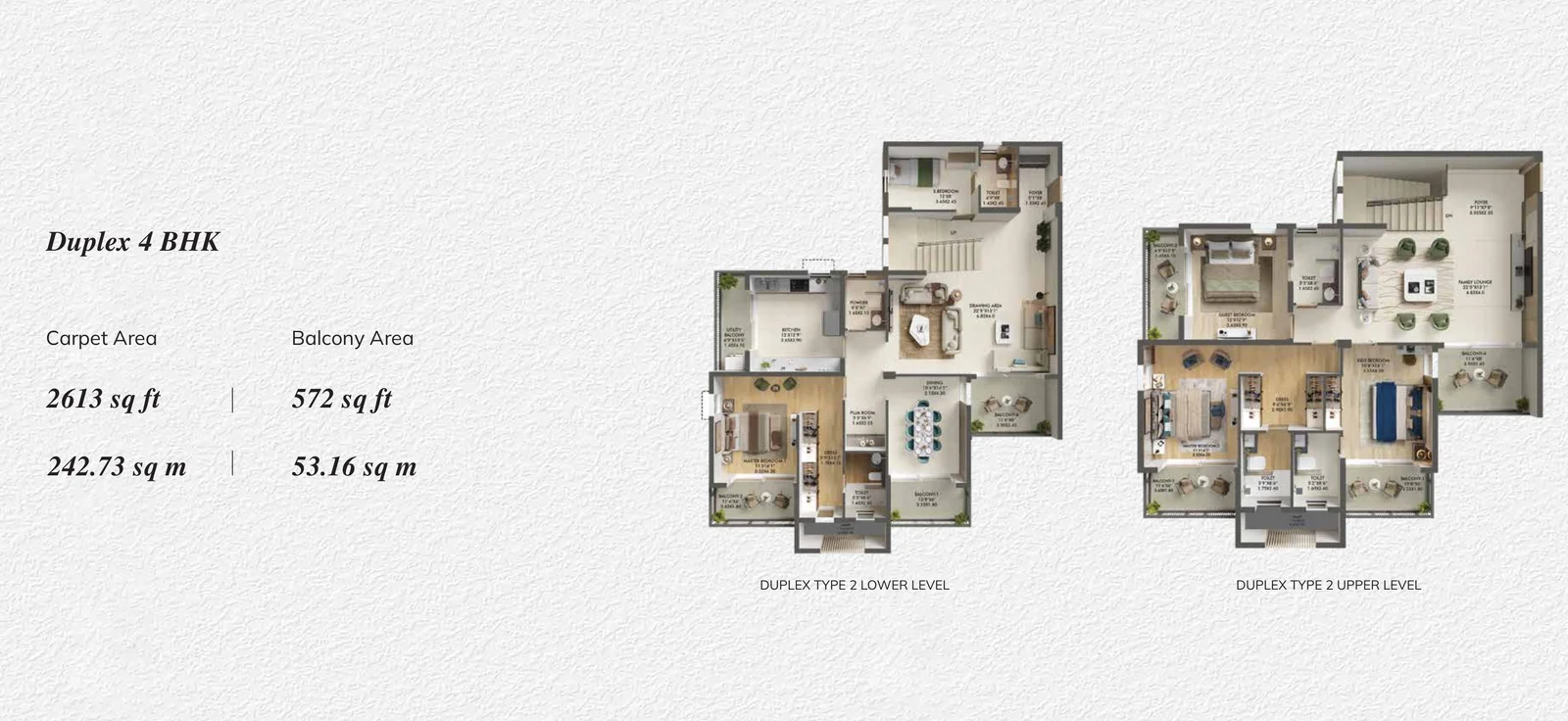Ashiana Aaroham 4 BHK duplex floor plan, lower and upper levels, 2,613 sq ft RERA carpet area, 572 sq ft balcony