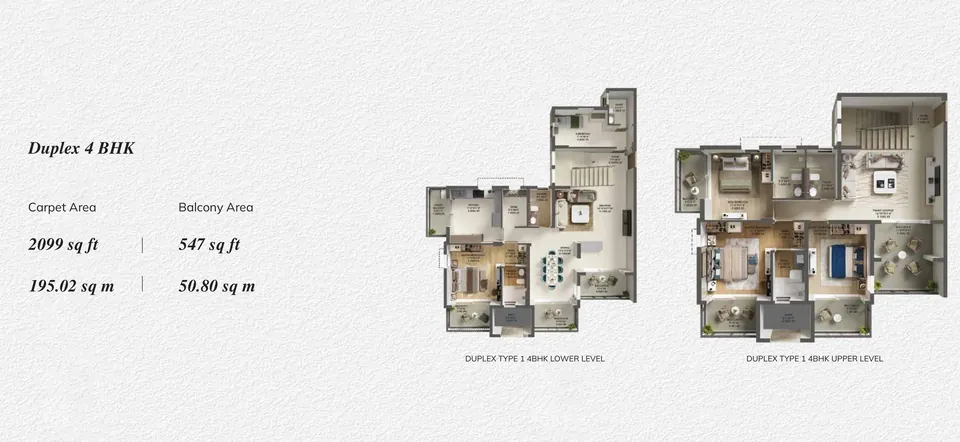 Ashiana Aaroham 4 BHK duplex floor plan, lower and upper levels, 2,099 sq ft RERA carpet area, 547 sq ft balcony