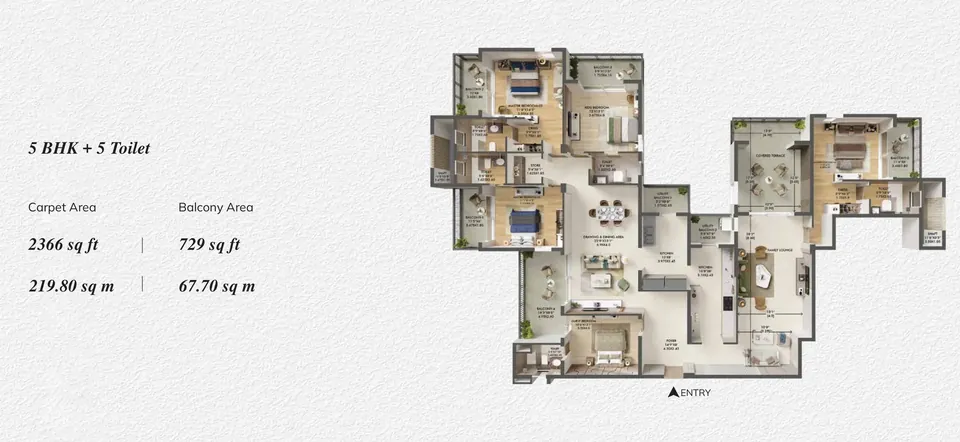 Ashiana Aaroham 5 BHK + 5 toilet floor plan on the 20th floor, 2,366 sq ft RERA carpet area, 729 sq ft balcony