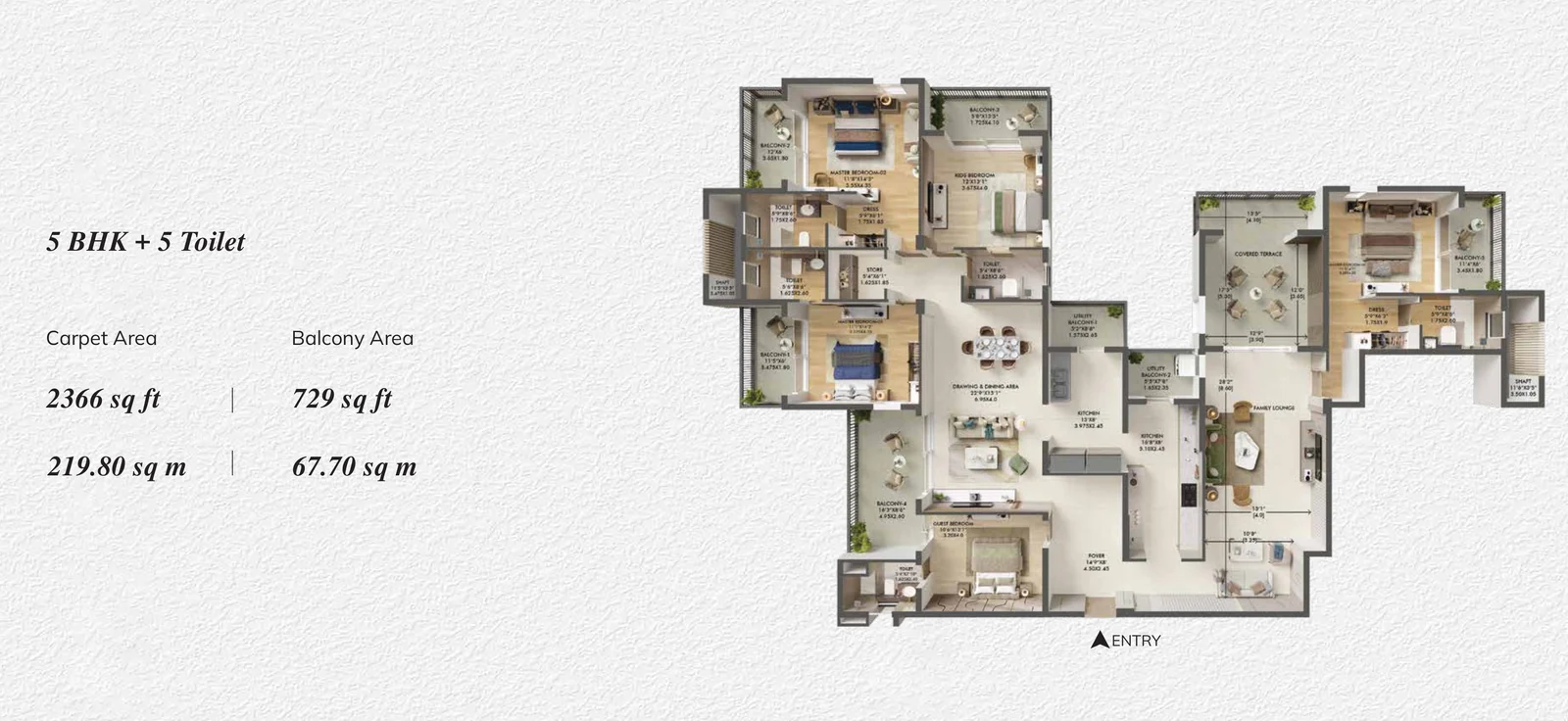 Ashiana Aaroham 5 BHK + 5 toilet floor plan on the 20th floor, 2,366 sq ft RERA carpet area, 729 sq ft balcony