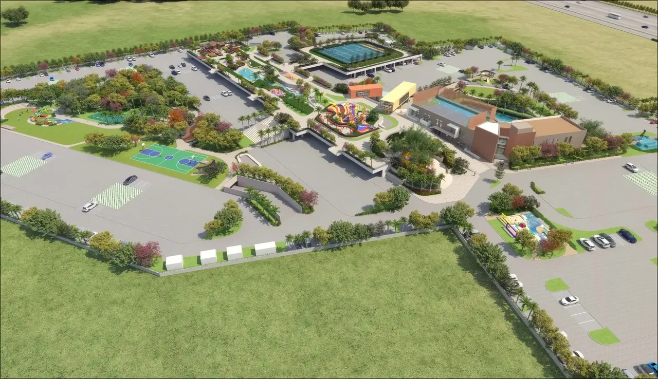 Ashiana Amarah aerial view of the club zone, pool and sports courts, artist's impression