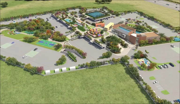 Ashiana Amarah aerial view of the club zone, pool and sports courts, artist's impression
