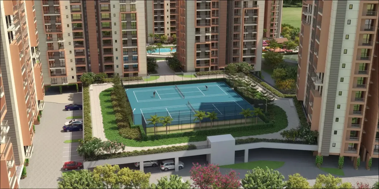 Ashiana Amarah tennis court on the podium between towers, artist's impression
