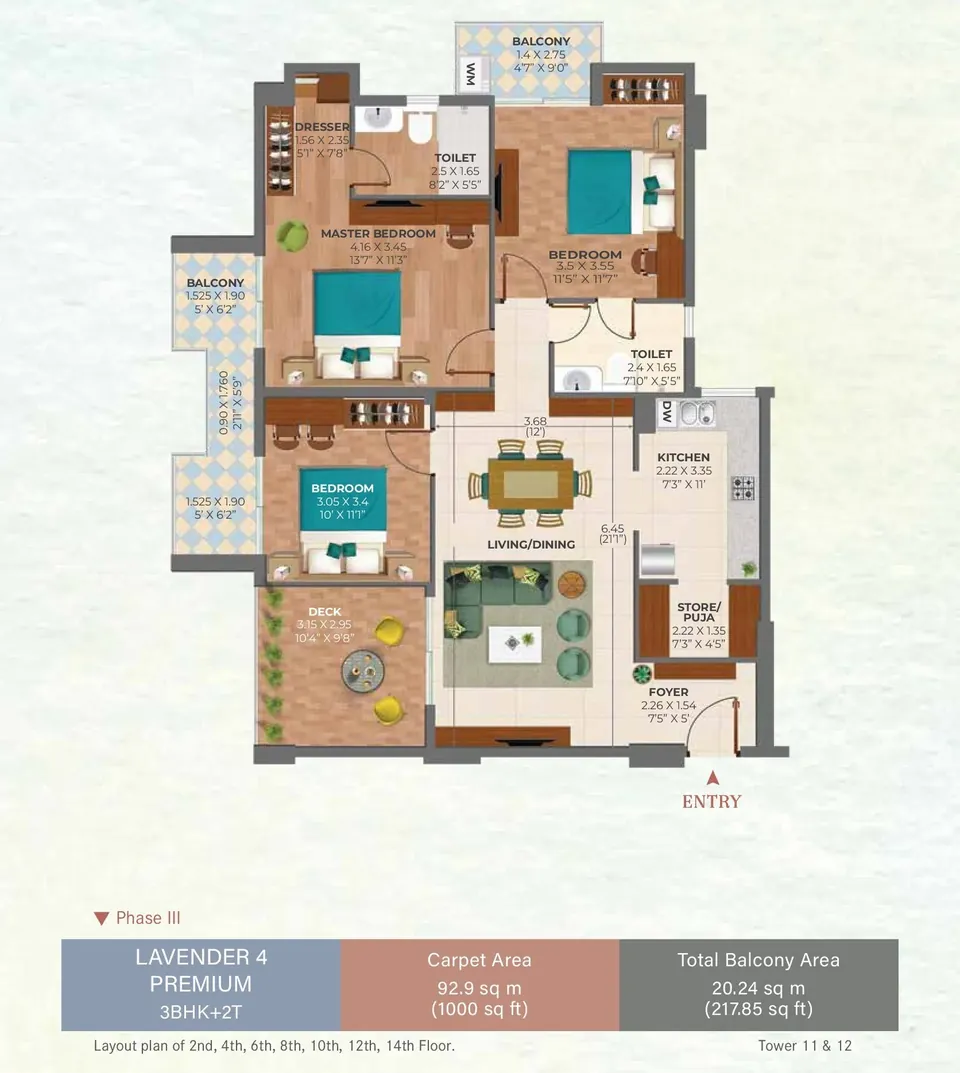Ashiana Amarah 3 BHK + 2 toilets floor plan (Lavender Premium), 1,000 sq ft RERA carpet, 218 sq ft balconies