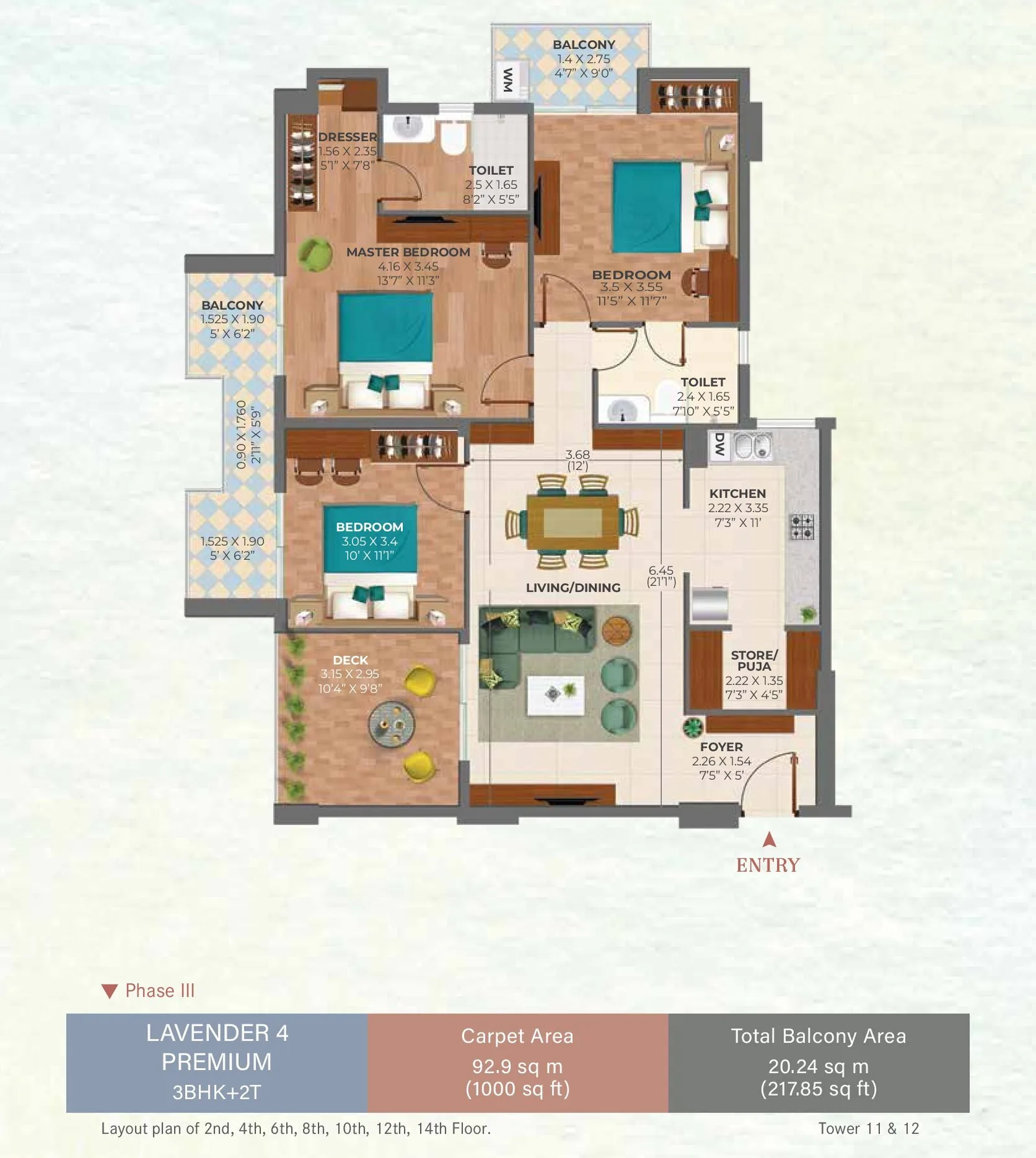 Ashiana Amarah 3 BHK + 2 toilets floor plan (Lavender Premium), 1,000 sq ft RERA carpet, 218 sq ft balconies