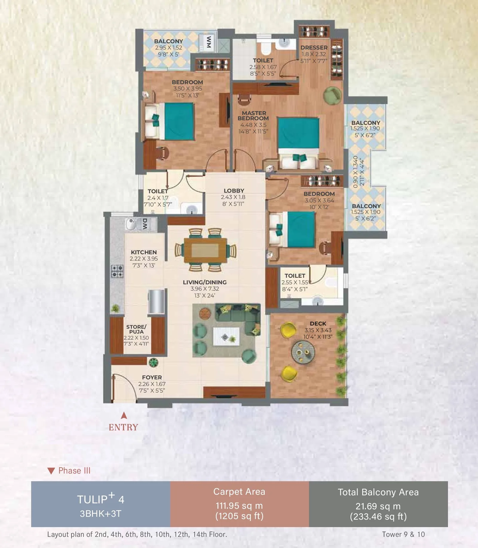 Ashiana Amarah 3 BHK + 3 toilets floor plan (Tulip+), 1,205 sq ft RERA carpet, 233 sq ft balconies
