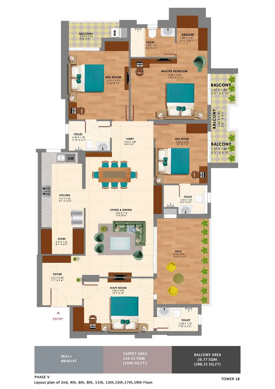 Ashiana Amarah 4 BHK + 4 toilets floor plan (Iris++, Tower 18), 1,444 sq ft RERA carpet, 288 sq ft balconies