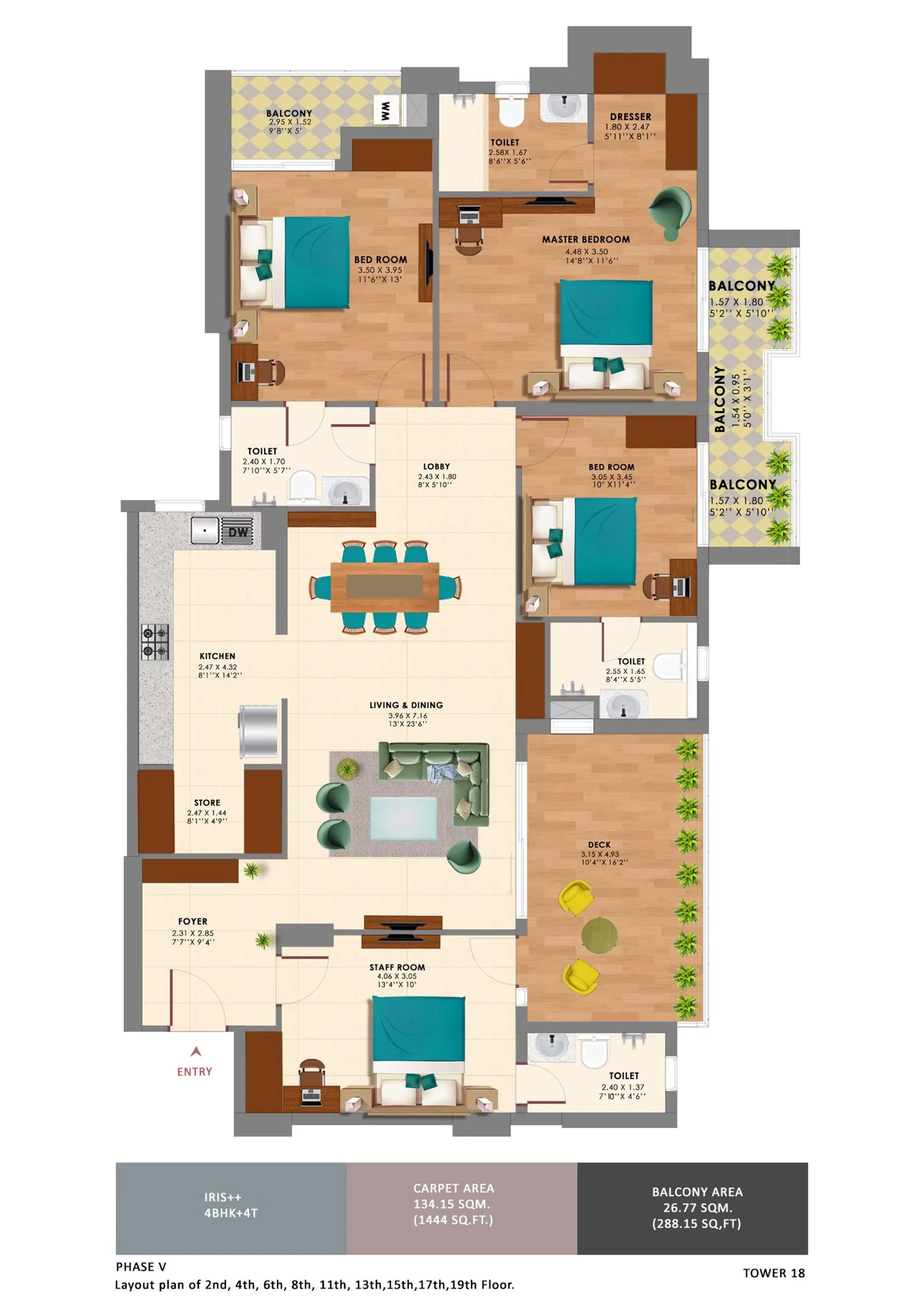 Ashiana Amarah 4 BHK + 4 toilets floor plan (Iris++, Tower 18), 1,444 sq ft RERA carpet, 288 sq ft balconies