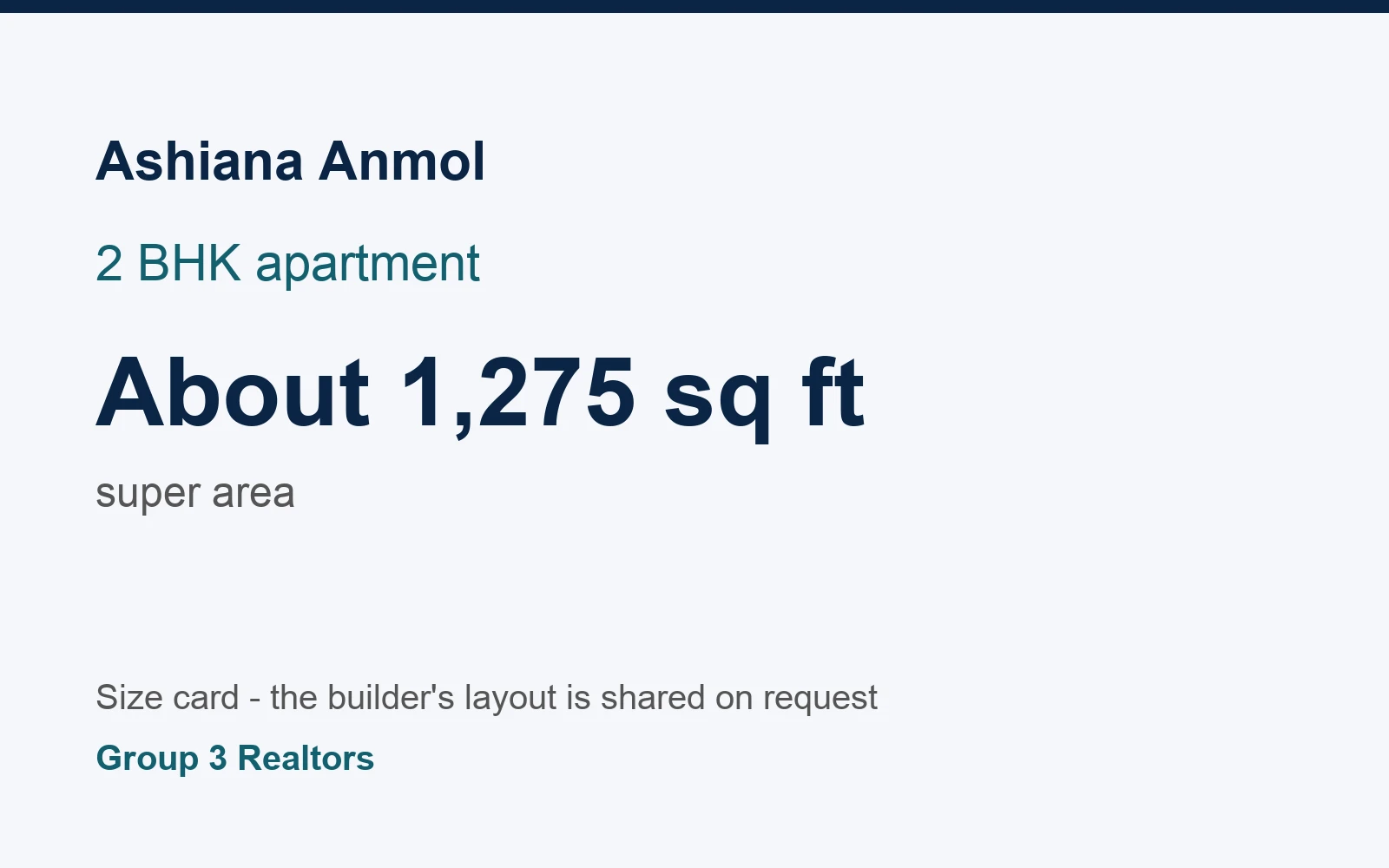 Ashiana Anmol 2 BHK flat size card, about 1,275 sq ft super area