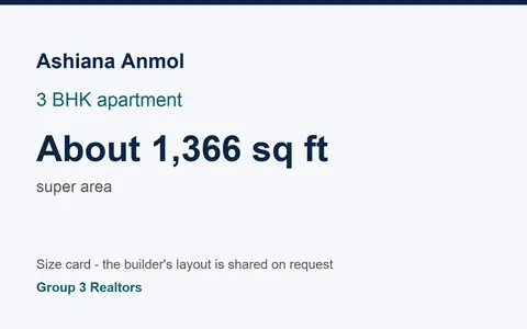 Ashiana Anmol 3 BHK flat size card, about 1,366 sq ft super area