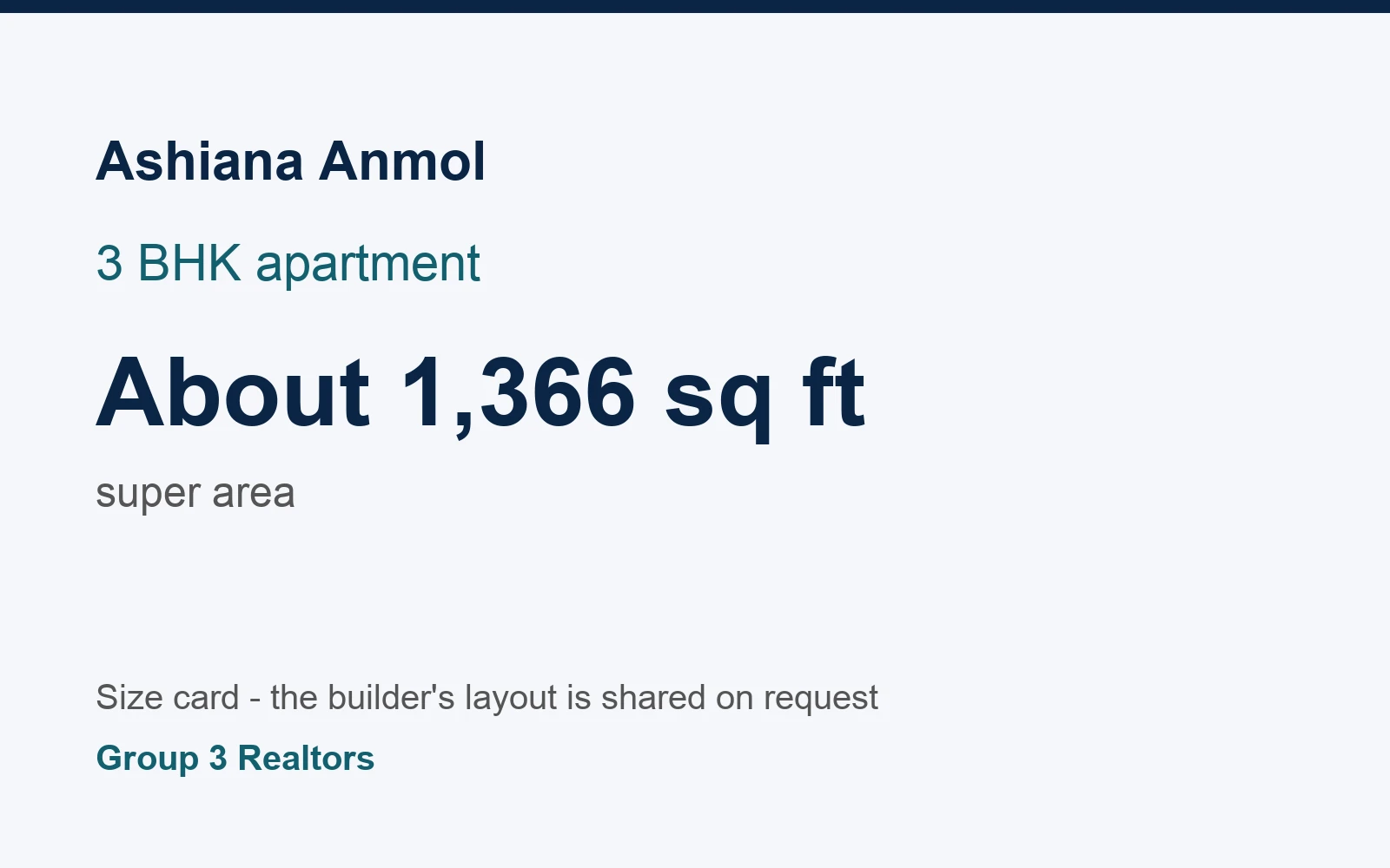 Ashiana Anmol 3 BHK flat size card, about 1,366 sq ft super area