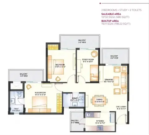 Ashiana Mulberry 2 BHK floor plan, 1,480 sq ft