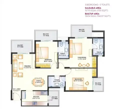 Ashiana Mulberry 3 BHK floor plan, 1,700 sq ft