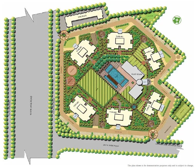 ATS Kocoon site plan: six towers, clubhouse and pool, along the 60 m and 24 m wide roads