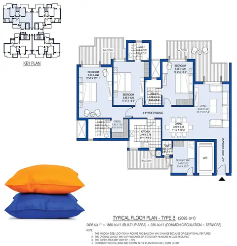 ATS Kocoon 3 BHK + servant floor plan, 2,095 sq ft super area