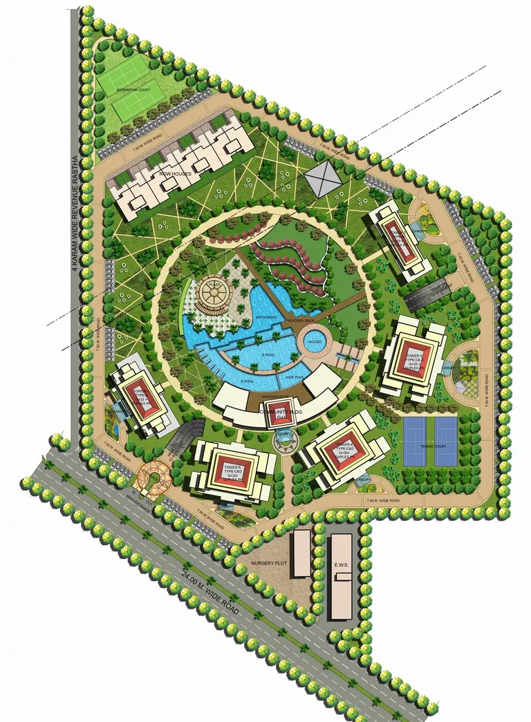 ATS Tourmaline master layout plan: five towers around the central pool, courts, 24 m wide road