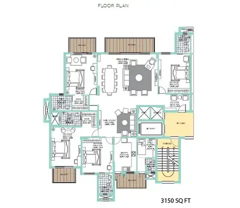 ATS Tourmaline 4 BHK + servant floor plan, 3,150 sq ft super area