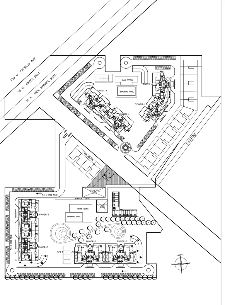 ATS Triumph site plan: towers 1 to 8, two clubhouses and pools, 24 m service road of Dwarka Expressway