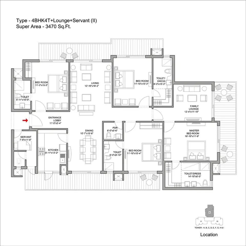 Bestech Park View Grand Spa 4 BHK floor plan, 3,470 sq ft