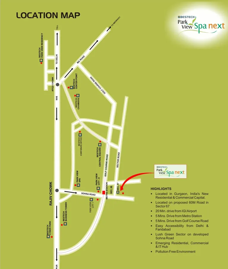 Bestech Park View Spa Next location map showing Sector 67 and the approach roads