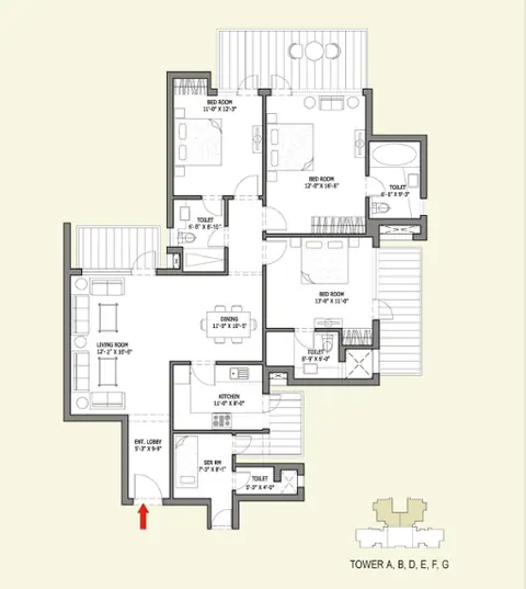 Bestech Park View Spa Next 3 BHK flat floor plan, 1,935 sq ft super area